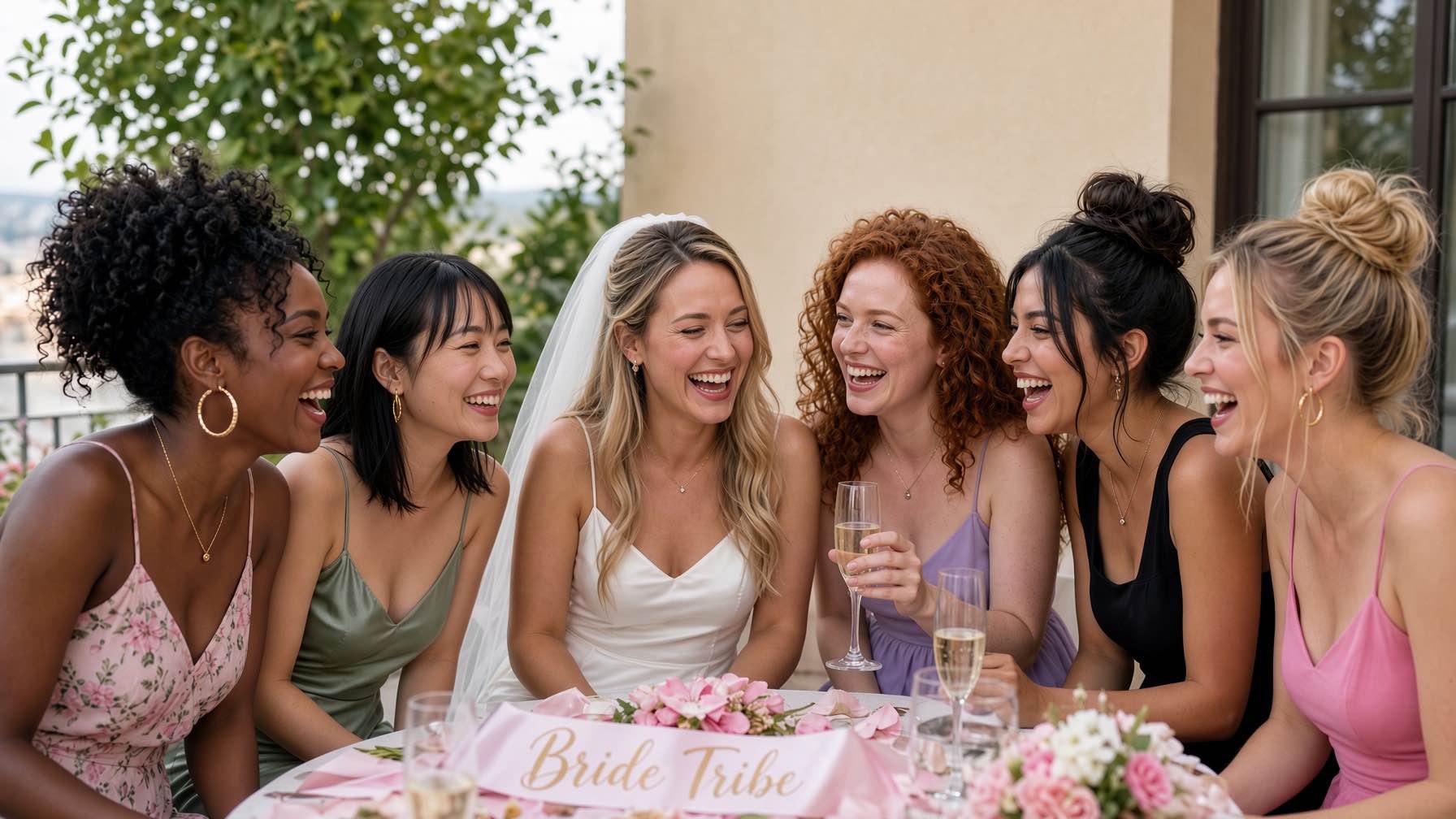 Bride and friends laughing together around an outdoor brunch table at a bachelorette party